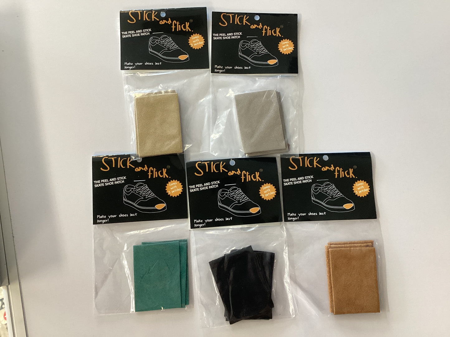 STICK AND FLICK SUEDE PEEL STICK SHOE PATCH 3 patches per pack. Chose color