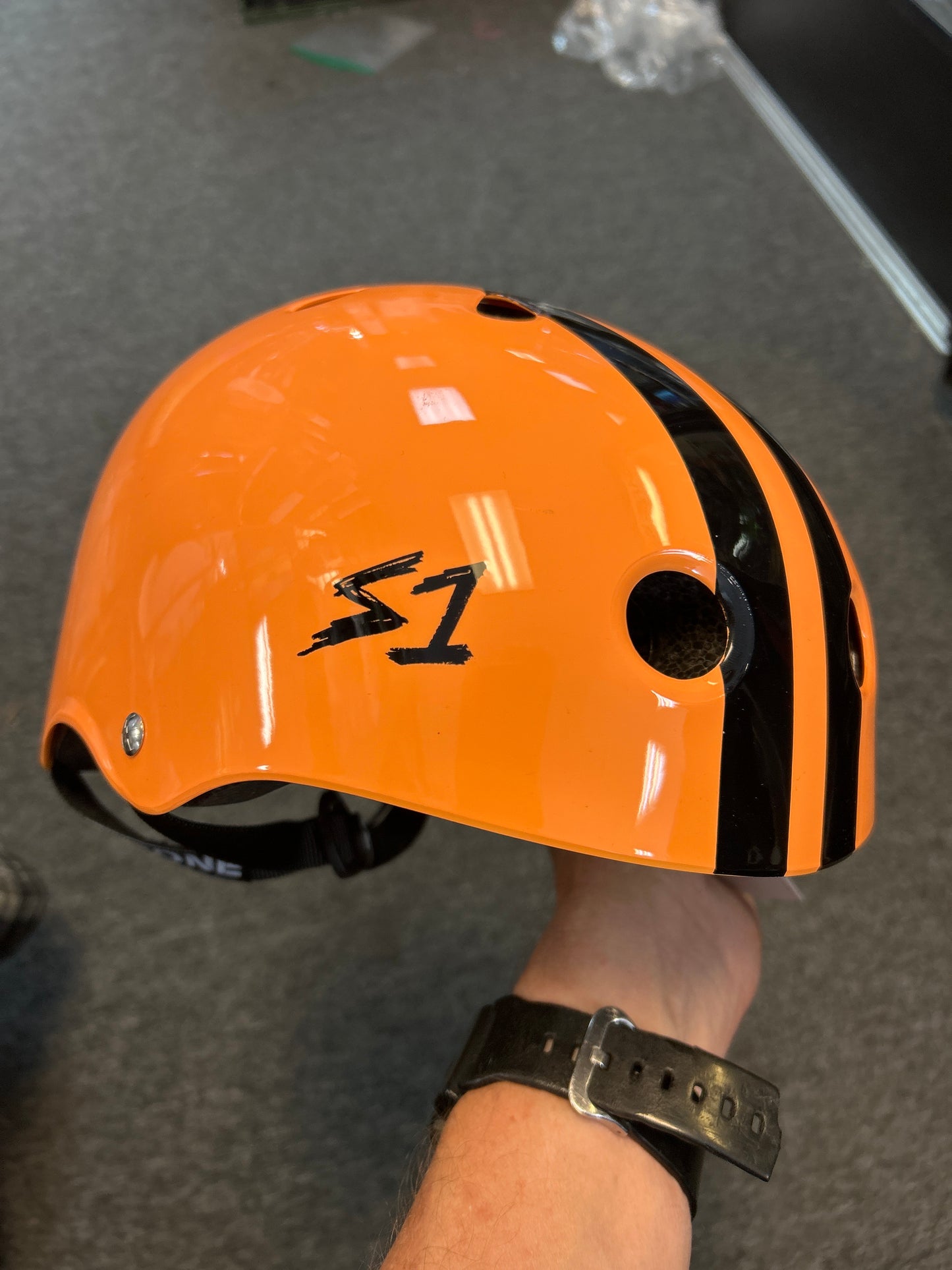 S1 helmet orange with black stripes