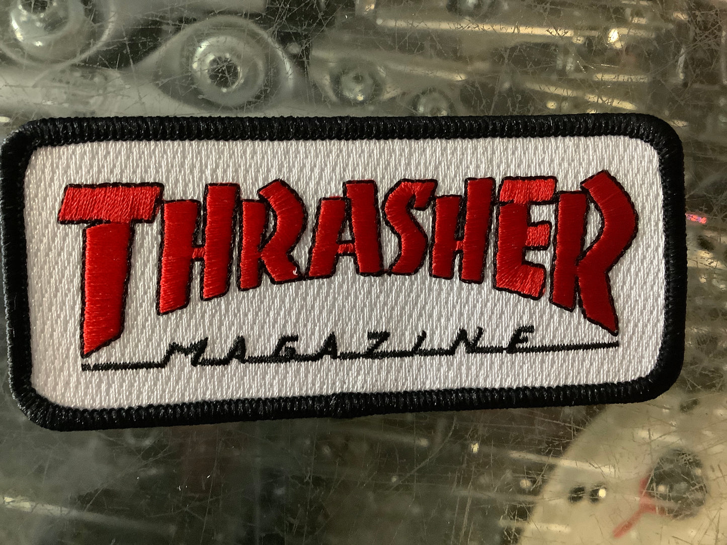 Thrasher logo patch 4” red white black