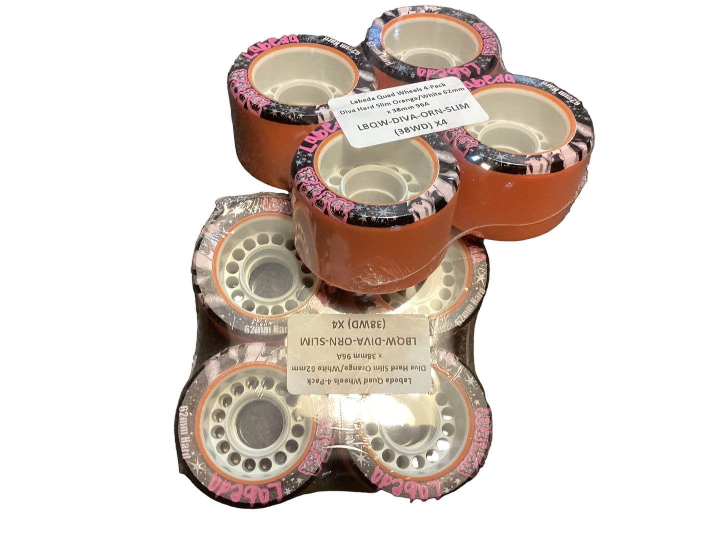 Labeta Roller Skate quad wheel set of 8 Dive Hard Slim Orange/white 62mm x 38mm 96A