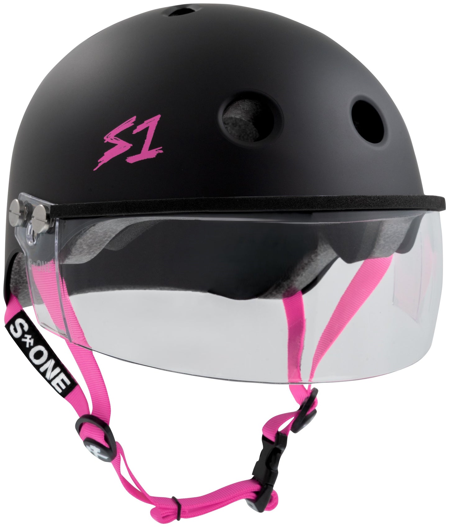 S1 Lifer Helmet w Visor- Black Matte W/ Pink Straps (Small)