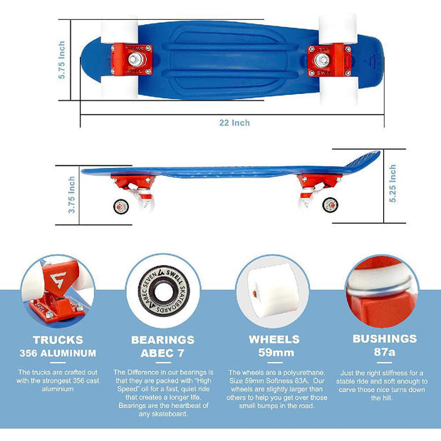 Swell Complete 22” Oceans Blue / Red / White Cruiser Skateboard