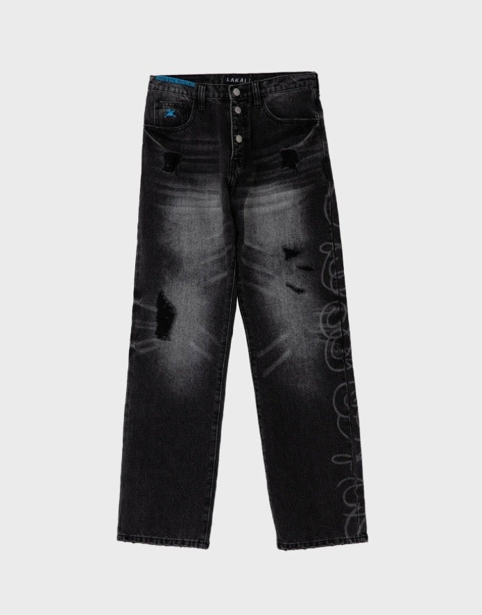 Lakai Jeans Straight Leg Denim - Distressed / Etched Black