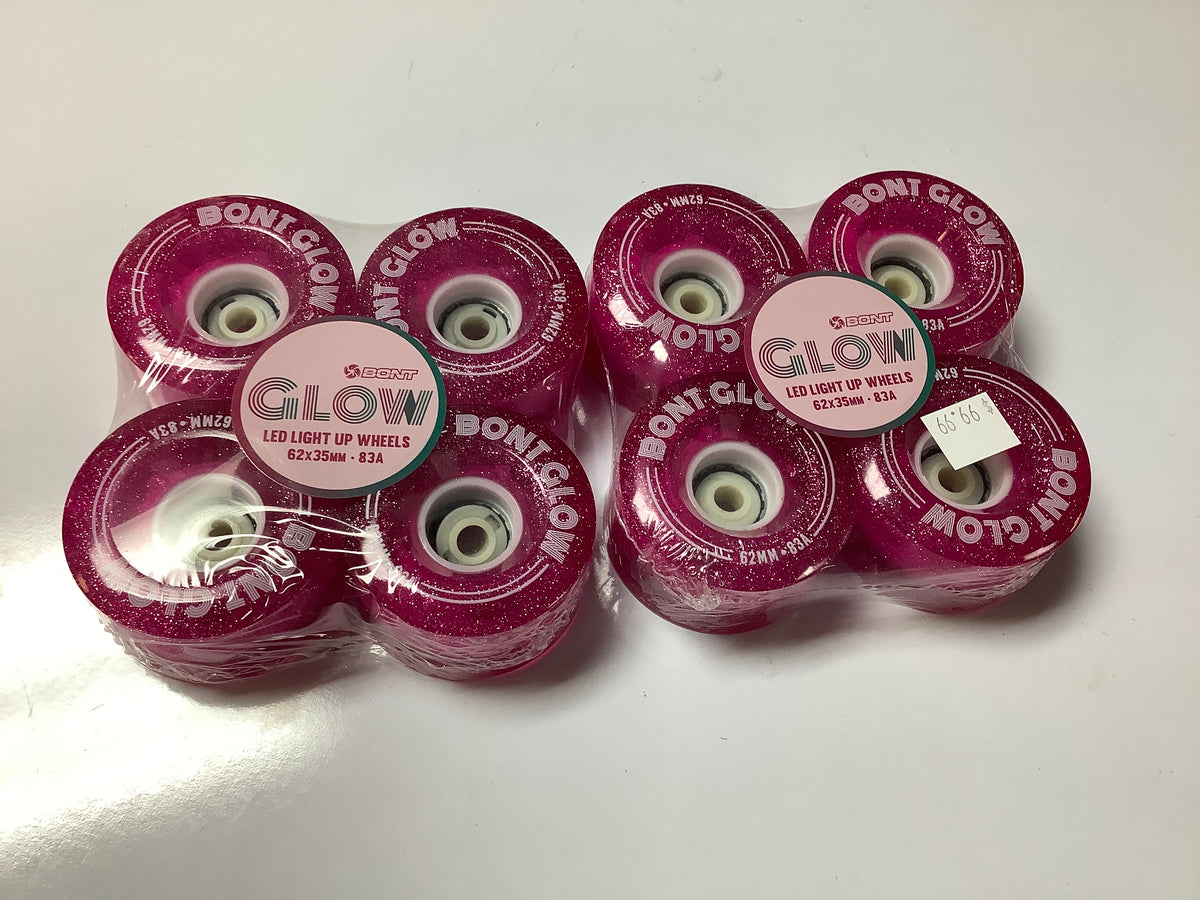 Bont Roller Skate Wheels GLOW OUTDOOR LED LIGHT UP WHEELS 83A - 62mm Love Letter Pink set of 8