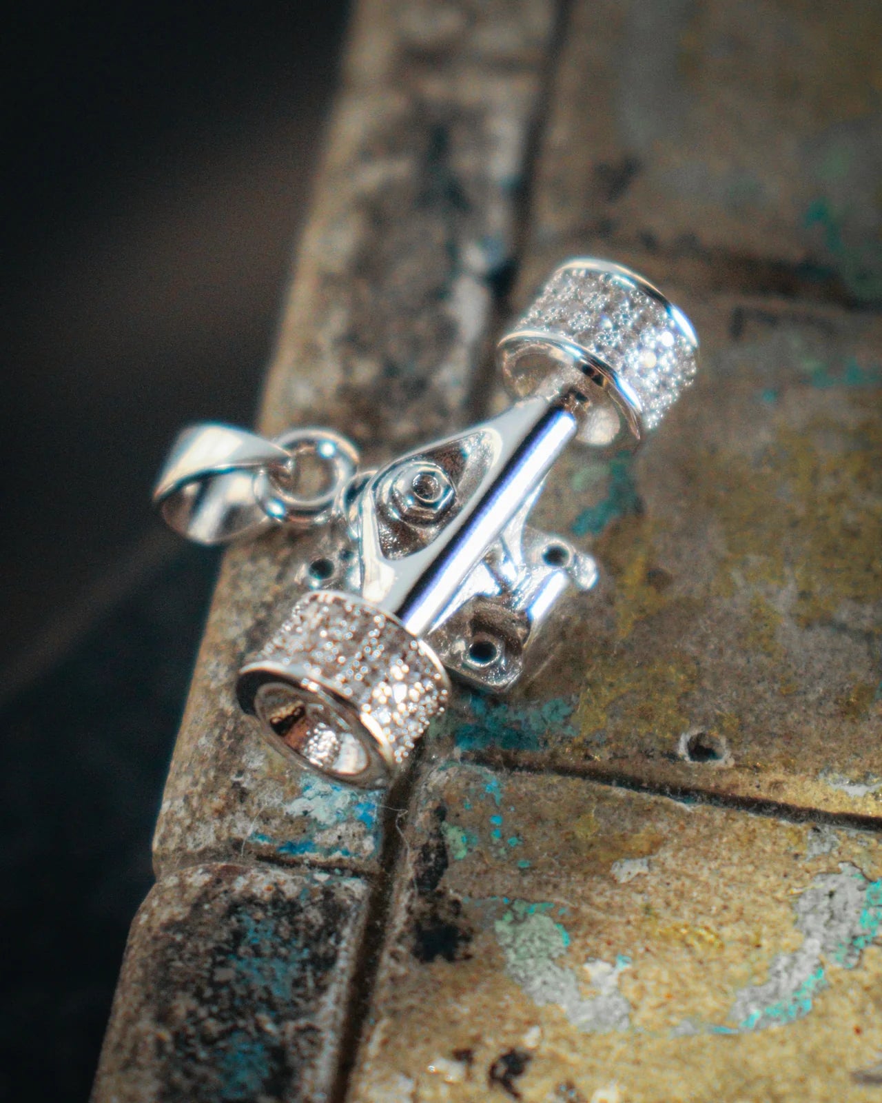 HERMOSA SKATE ICED OUT TRUCK SILVER Pendant 24” chain necklace