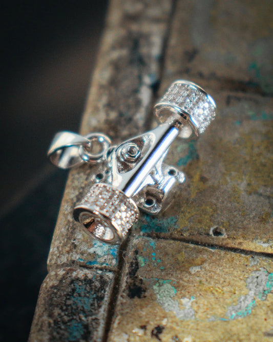 HERMOSA SKATE ICED OUT TRUCK SILVER Pendant 24” chain necklace