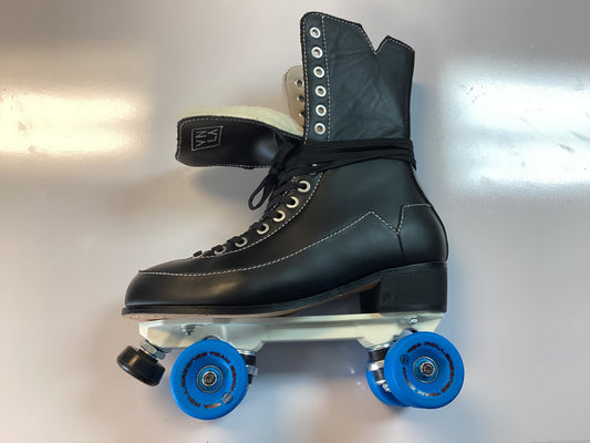 VNLA GODFATHER “SAY IT LOUD” roller skates size 11 BLACK FULL-GRAIN LEATHER with WHITE ROCK PLATES & BLUE ROLLERBONES