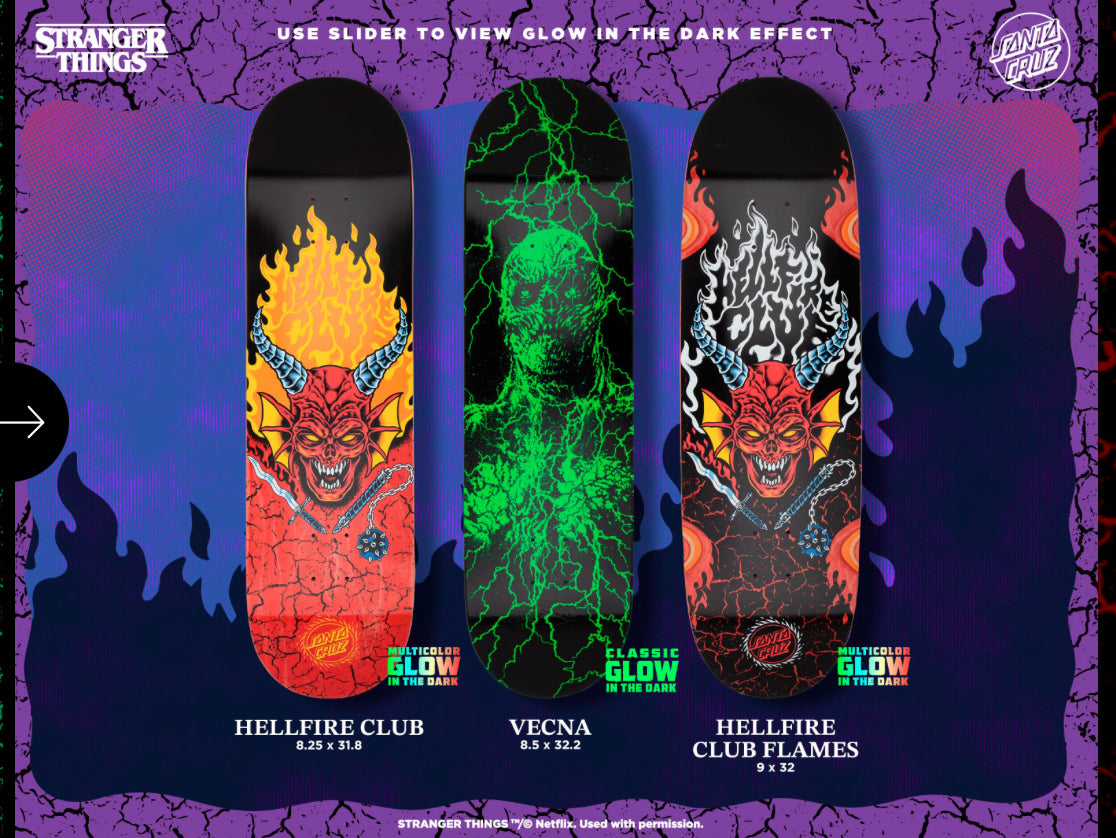 Santa Cruz X Stranger Things 9.0 deck Hellfire Club Flames shaped GLOW IN THE DARK