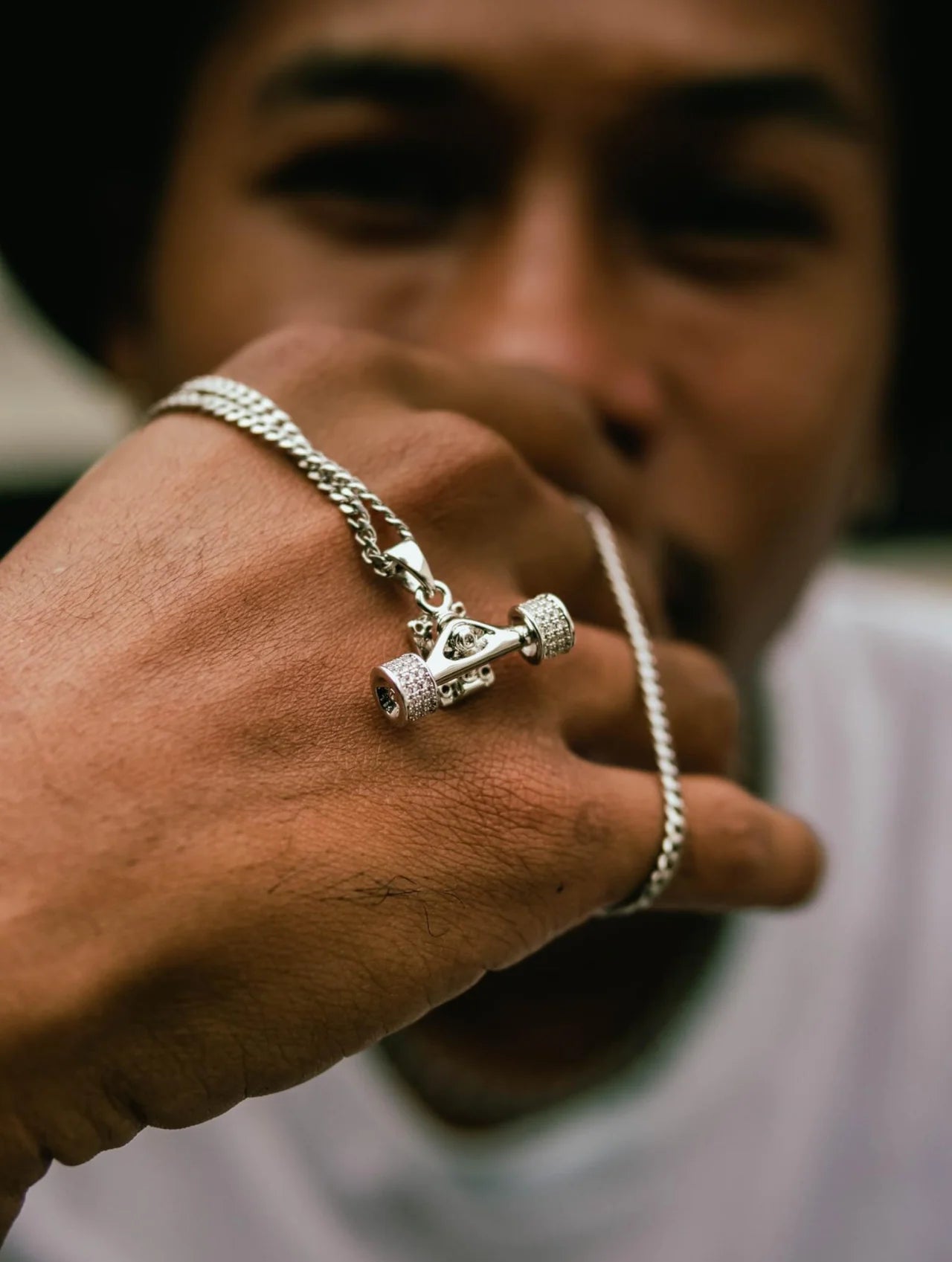 HERMOSA SKATE ICED OUT TRUCK SILVER Pendant 24” chain necklace