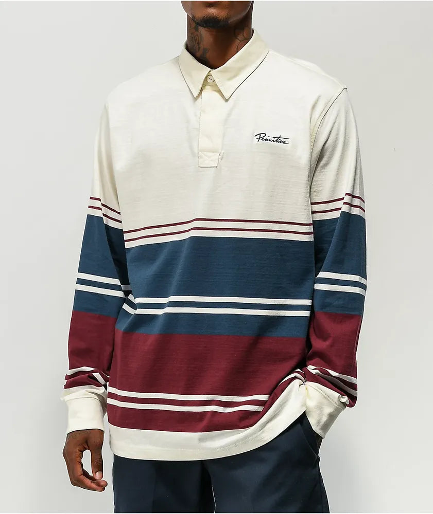 Primitive Paxton White Long-Sleeve Polo Shirt Cream Stripe Size XL