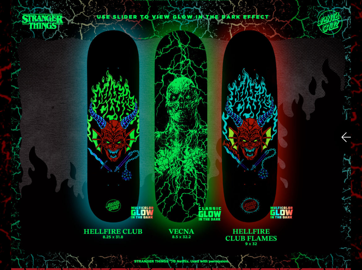 Santa Cruz X Stranger Things 9.0 deck Hellfire Club Flames shaped GLOW IN THE DARK