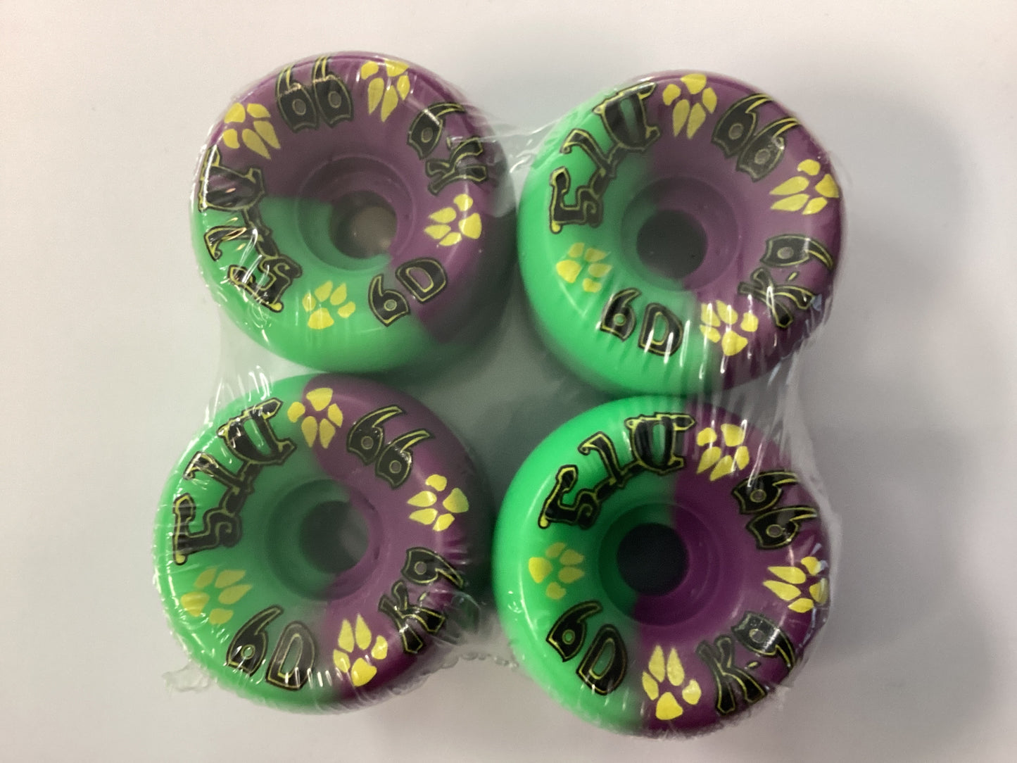 Dogtown Skateboard Wheels 60mm 99A K-9 80’s NEON GREEN/PURPLE SPLIT