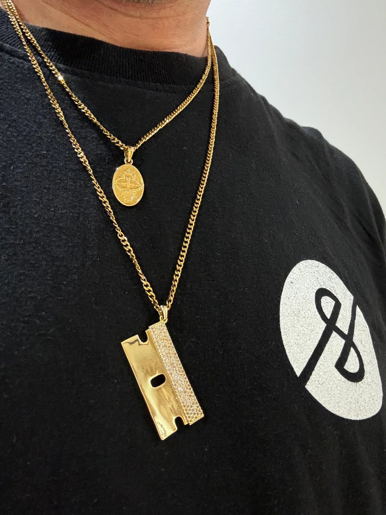 HERMOSA SKATE ICED OUT RAZOR BLADE GOLD Pendant 24” chain necklace