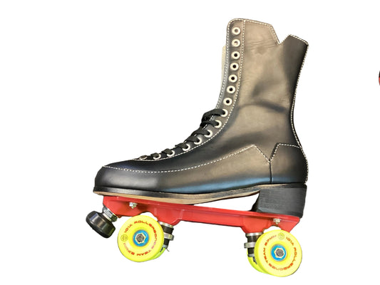 VNLA GODFATHER “SAY IT LOUD” roller skates size 11 BLACK FULL-GRAIN LEATHER with RED ROCK PLATES & YELLOW ROLLERBONES
