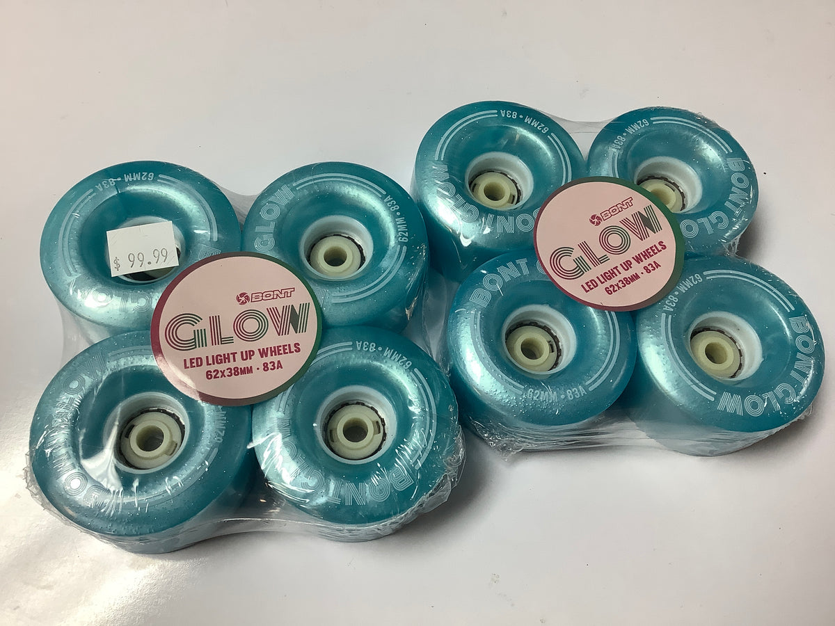 Bont Roller Skate Wheels GLOW OUTDOOR LED LIGHT UP WHEELS 83A - 62mm Tickle Blue set of 8