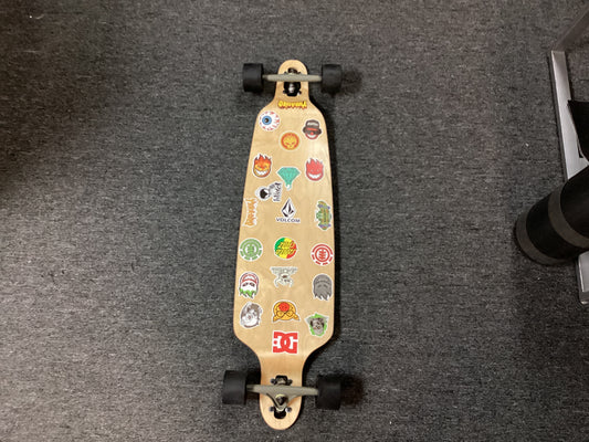 (Used) Moose Bamboo 39.5” drop down, drop thur complete Longboard skateboard Sticker bombed