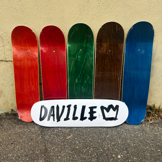 Daville Skateboard Deck Crown Tag White / Black Standard K-Shape available 7.75, 8.0, 8.25, 8.5, 8.75, or 9.0
