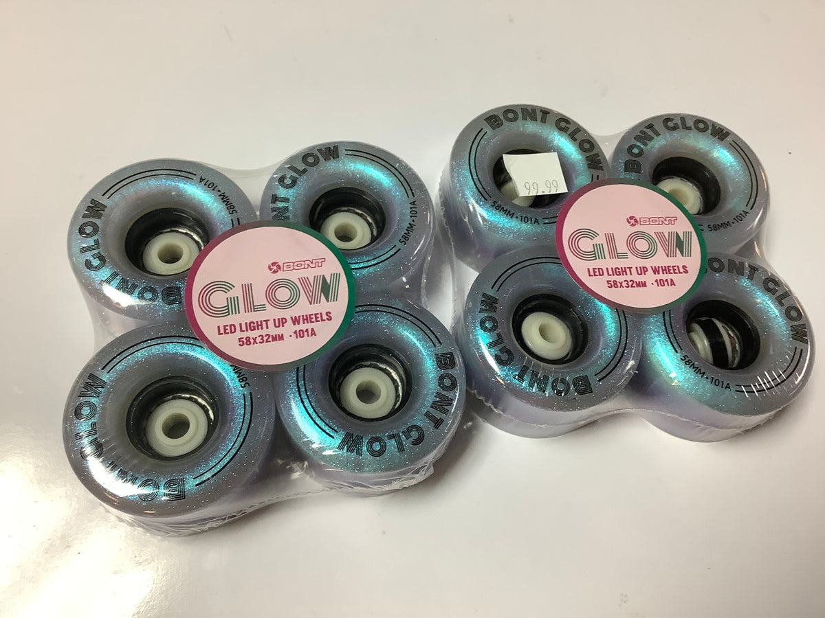 Bont Roller Skate Wheels GLOW INDOOR & JAM LED LIGHT UP WHEELS 101A - 58mm Angelic Aqua set of 8