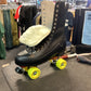 VNLA GODFATHER “SAY IT LOUD” roller skates size 11 BLACK FULL-GRAIN LEATHER with RED ROCK PLATES & YELLOW ROLLERBONES