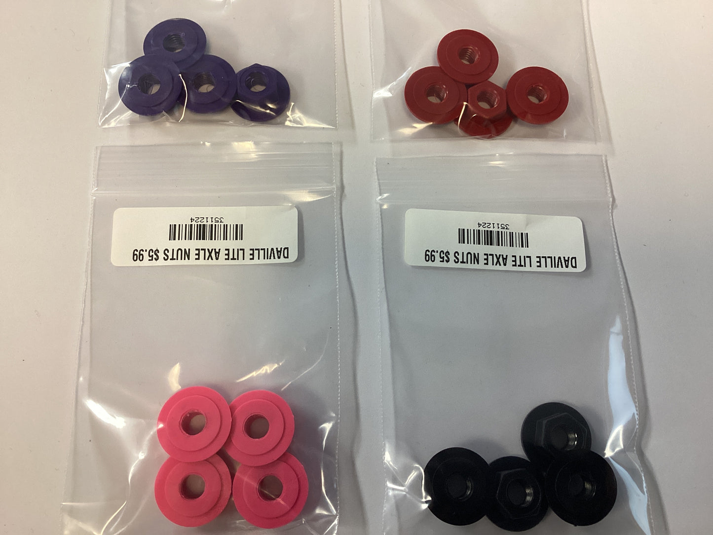 Daville LITE AXLE NUTS with Bearing Shields set of 4 choose color PURPLE / RED / BLACK / PINK