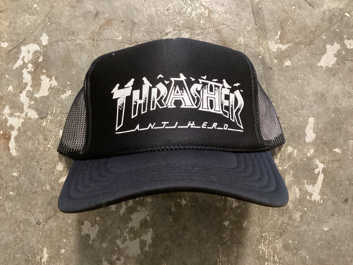 Thrasher hat pigeon black trucker antihero