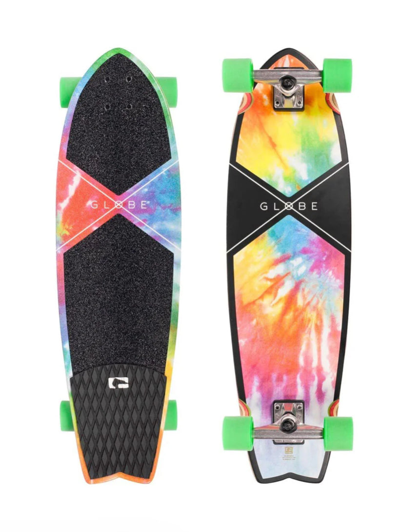 Globe Longboard Cruiser Complete Skateboard Chromantic Trippy Tie Dye 9.5” x 33” with custom grip & tail pad