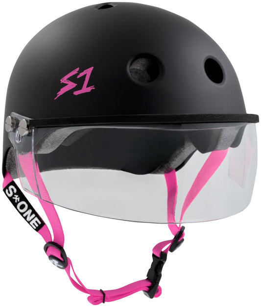 S1 Lifer Helmet w Visor- Black Matte W/ Pink Straps (Small)